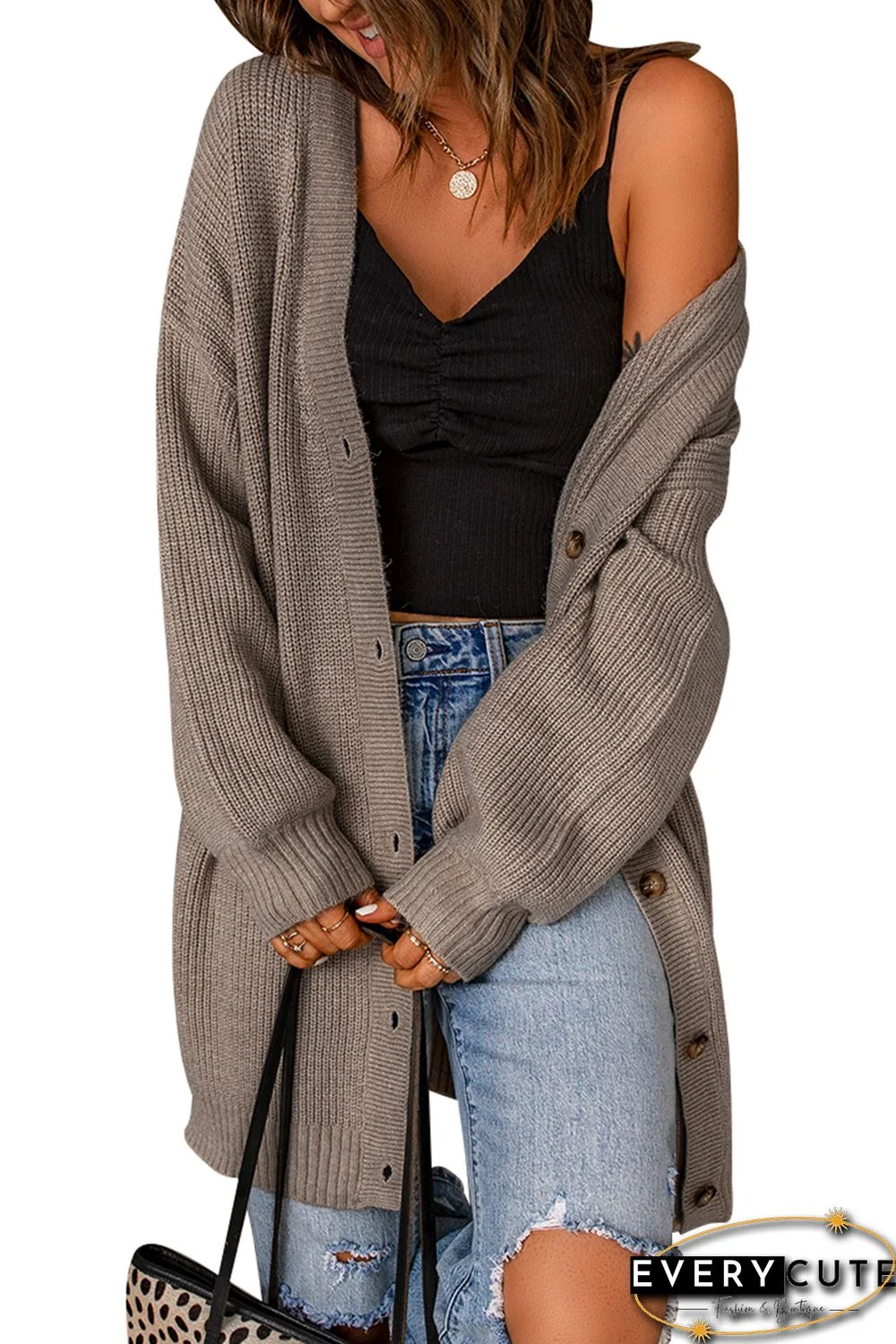 Khaki Drop Shoulder Buttons Front Long Cardigan