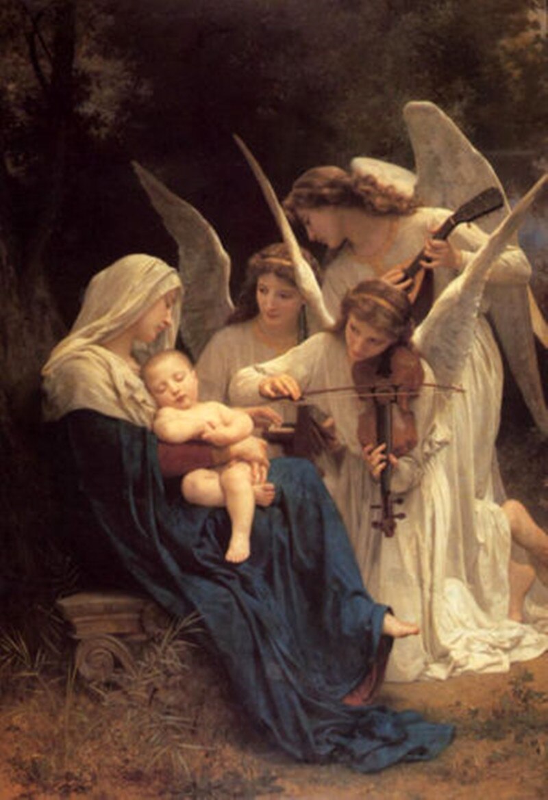 Original Quality Decorative Art Oil Painting Portrait Painting Madonna The Virgin with Angels Song of Angels in Forest Handmade