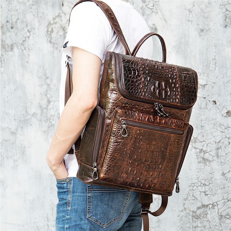 Mens Alligator Pattern Cow Leather Soft Back Flap Backpack