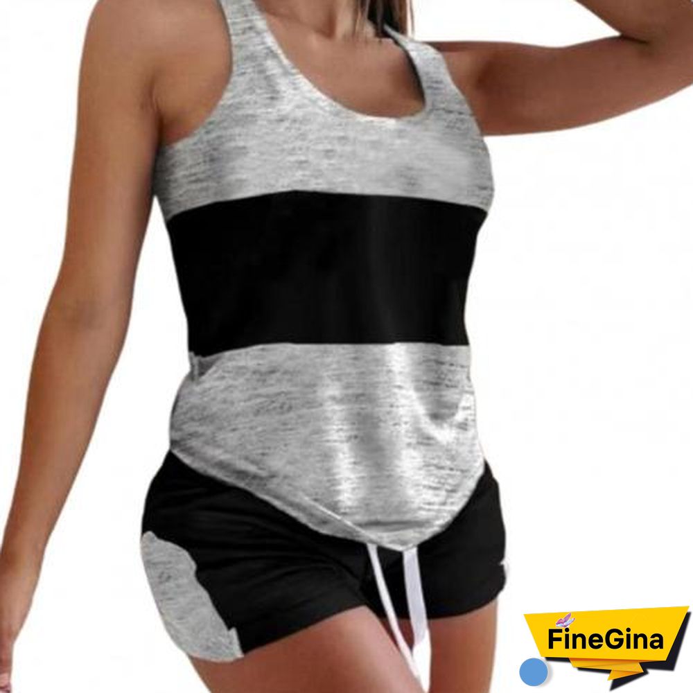 2Pcsset Casual Outfit Sleeveless Top Set Round Neck Comfortable Summer Slim Splicing Design Drawstring Camisole Set For Home