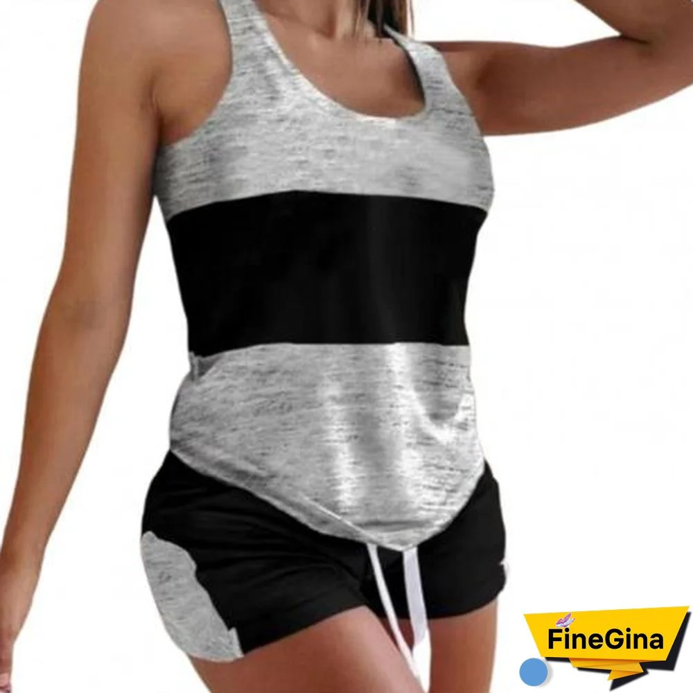 2Pcsset Casual Outfit Sleeveless Top Set Round Neck Comfortable Summer Slim Splicing Design Drawstring Camisole Set For Home