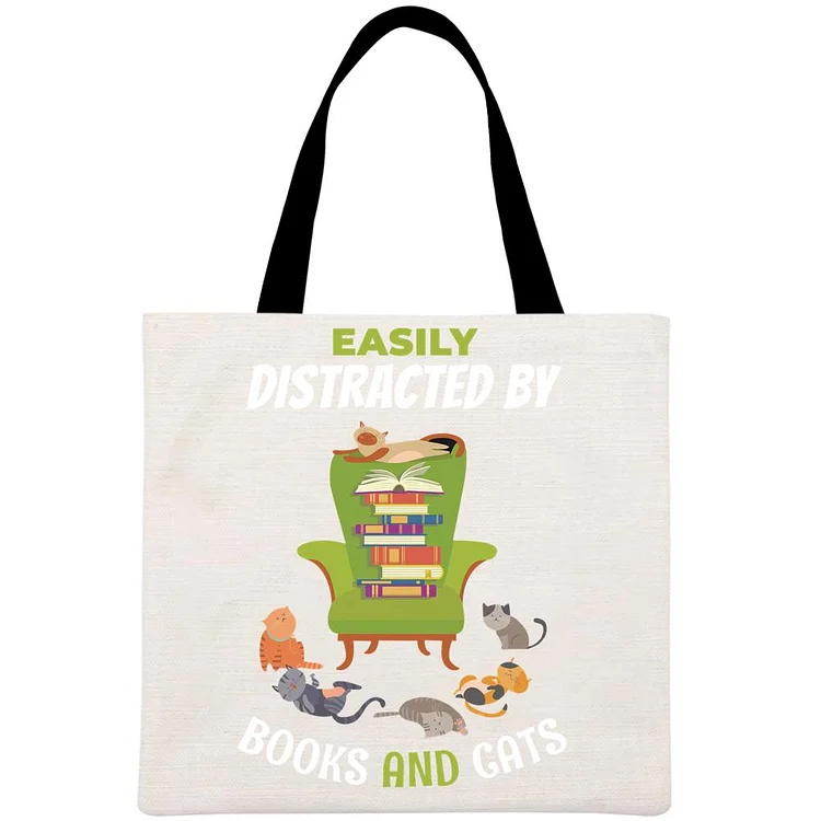 Easily Distracted by Cats and Books Book Lovers Printed Linen Bag