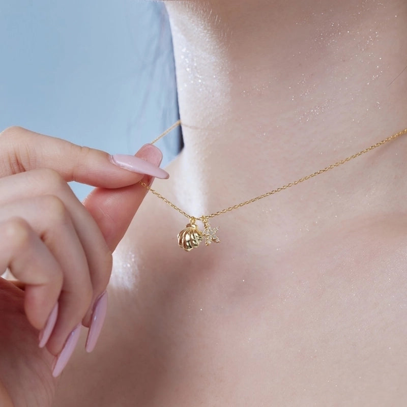 925 Sterling Silver Zircon Plating Inlay Scallop Starfish Pendant Necklace