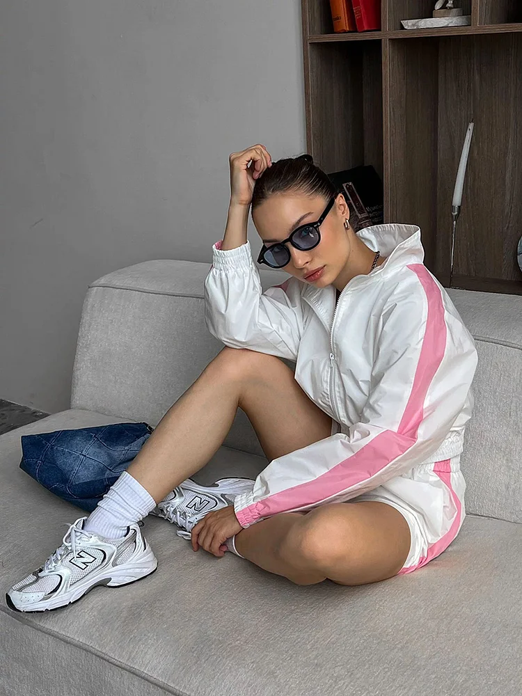PASUXI Casual Fashion Color Matching Suit Loose Zipper Cardigan Contrast Color Top  Sports Shorts huanwei