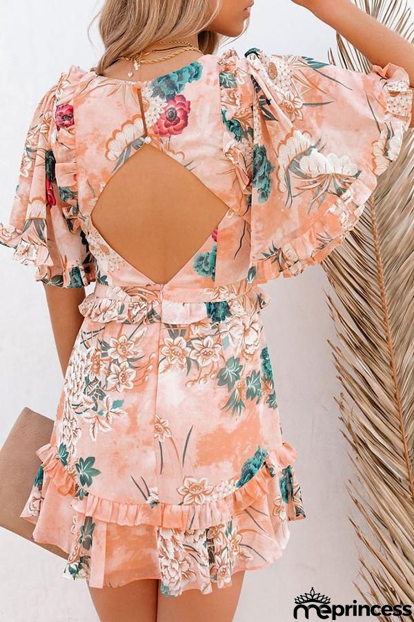Floral Print Cutout Ruffled Chiffon Mini Dress
