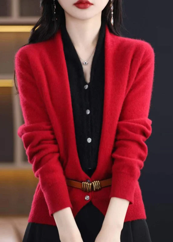Women Red V Neck Patchwork False Two Pieces Woolen Top Fall