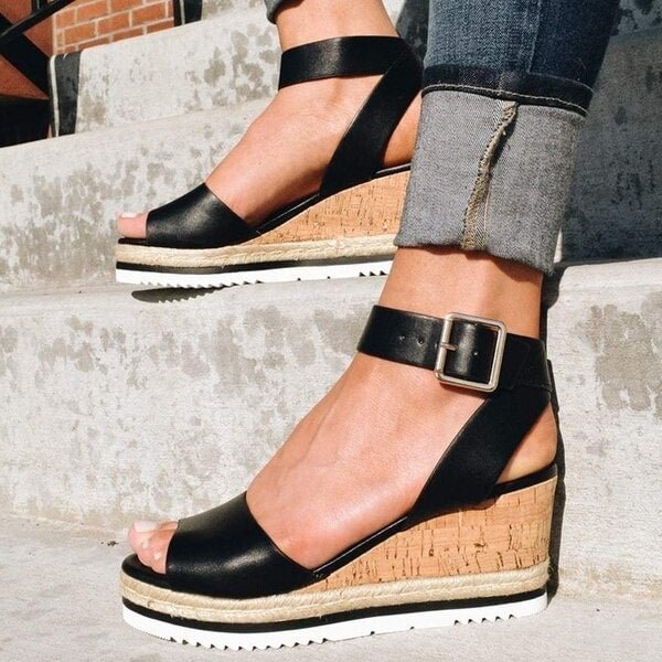 Wedge Sandals Fish Mouth Open Toe Women Buckle Strap Rubber Sandals Golden Ankle Strap PU Shoes Lady Solid High Heel Shoes D25