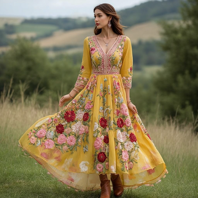 Women's Yellow Vintage Floral Art V-Neck Maxi Dress