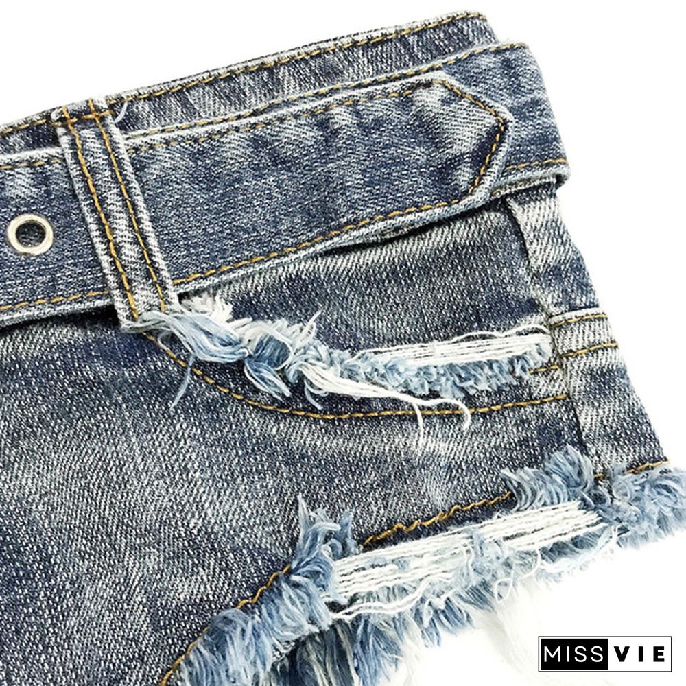 Women High Waist Blue Denim Shorts Hot Pants Worn Out Summer Cut Off Short Jeans