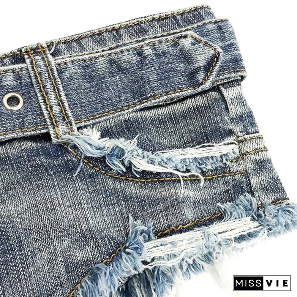 Women High Waist Blue Denim Shorts Hot Pants Worn Out Summer Cut Off Short Jeans