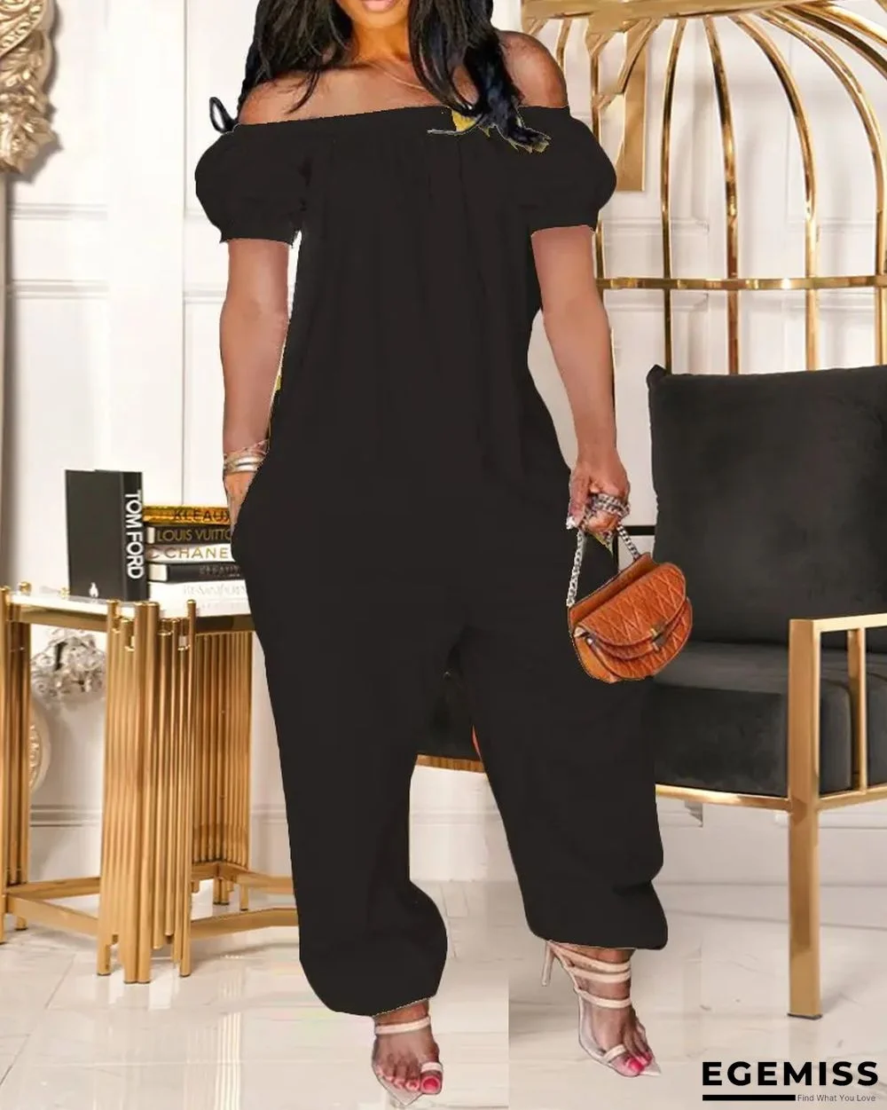 Black Casual Solid Patchwork Off the Shoulder Loose Jumpsuits | EGEMISS