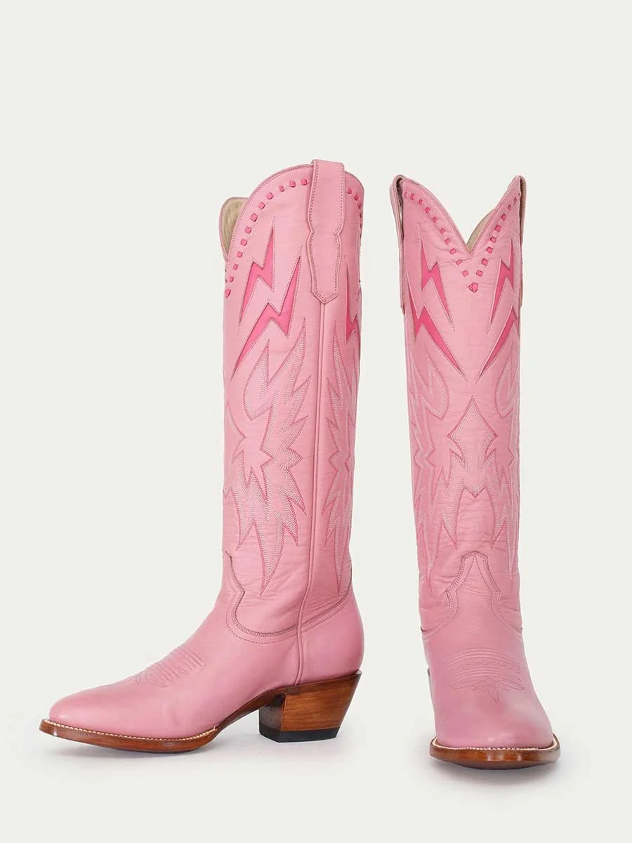 Pink Embroidered Lightning Inlay Wide Calf Knee-High Cowgirl Boots