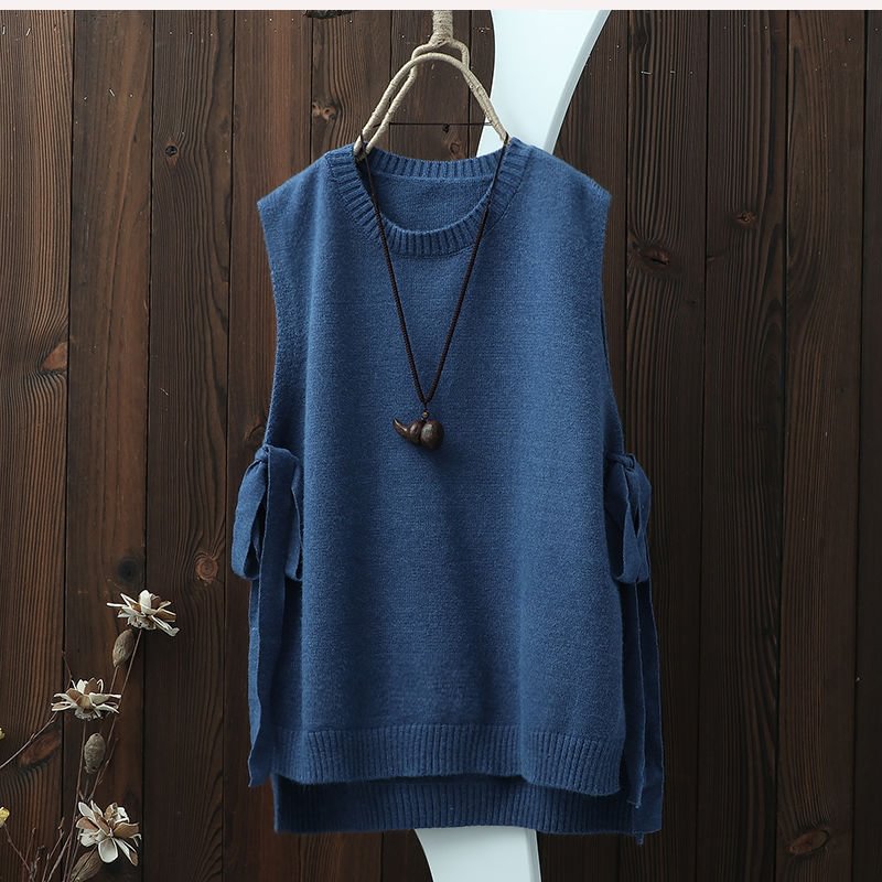 new style literary round neck solid color knitted waistcoat women's vest with wide loose pullover waistcoat with slits