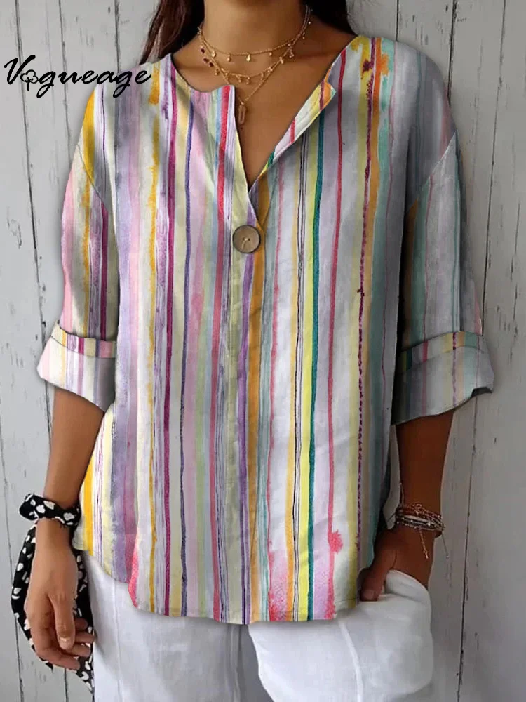 Stylish Simple Pink Vertical Lines Printed Cotton And Linen Shirt