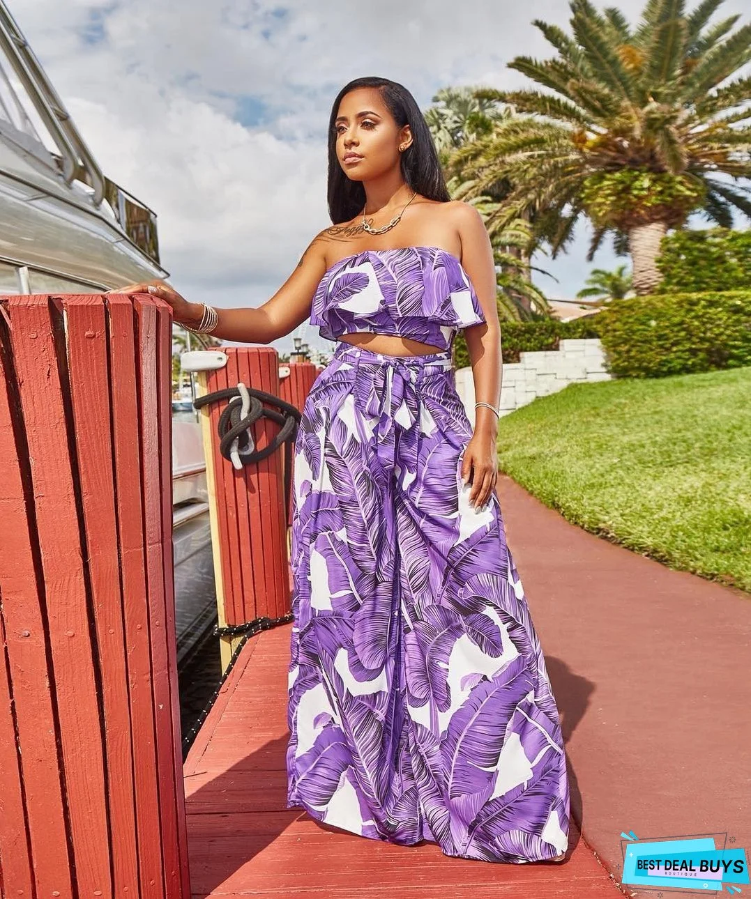 SEXY PRINTING STRAPLESS FLOUNCE TOP WIDE-LEG TROUSERS SUIT