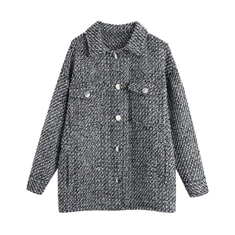 TRAF Women Fashion With Pockets Oversized Tweed Jacket Coat Vintage Long Sleeve Button-up Female Outerwear Chic Tops