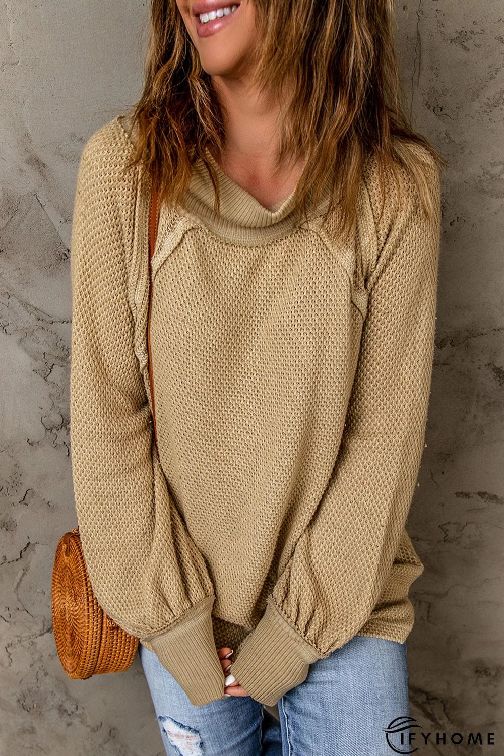 Khaki Waffle Knit Patchwork Oversized Pullover Sweatshirt | IFYHOME