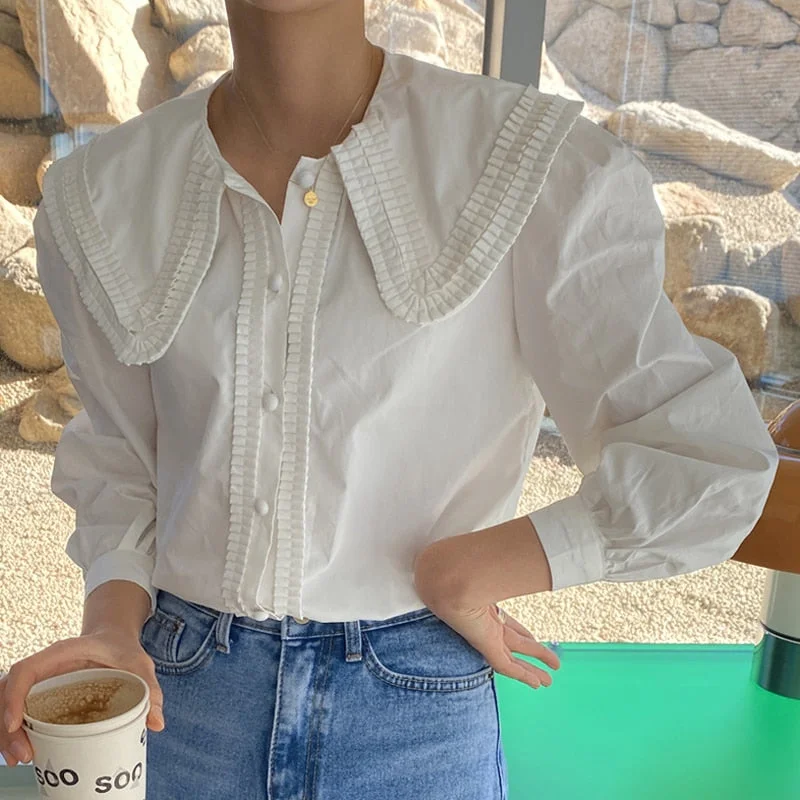Vintage Puff Long Sleeve Women's White Shirt Turn-Down Collar Loose Woman Blouses Tops Spring New OL Office Shirt Blusas 13792