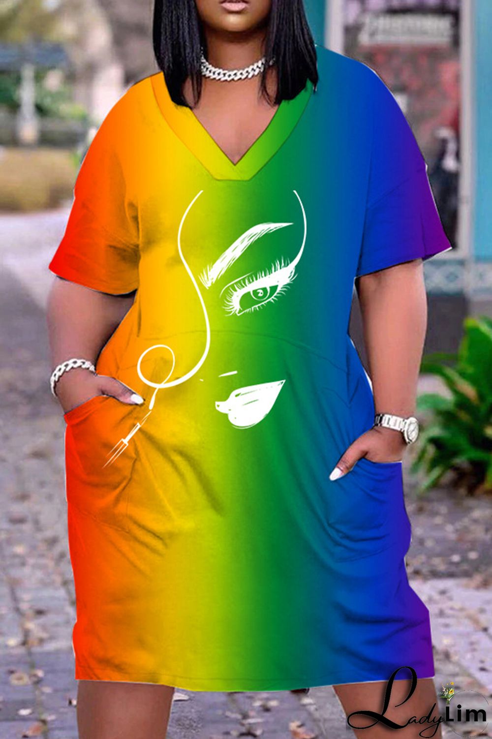 Sky Blue Casual Print Basic V Neck Short Sleeve Dress