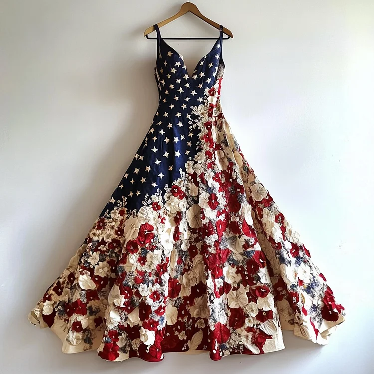 Women's Vintage Independence Day Flag And Floral Pattern Suspender Dress