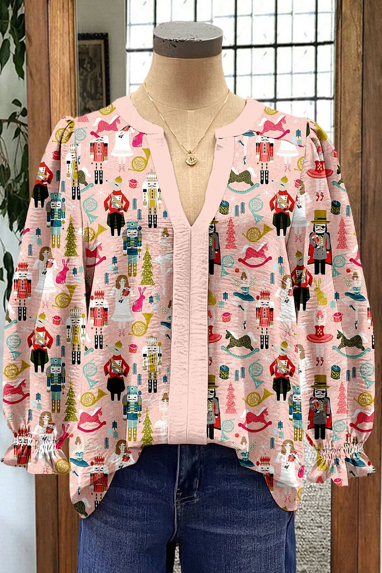 Christmas Nutcracker Print Contrast Panel V-neck Top