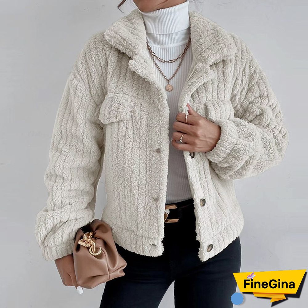 Women Elegant Fuzzy Coat Autumn Casual Long Sleeve Solid Outerwear Winter Fashion Lapel Single Breasted Loose Jackets Tops