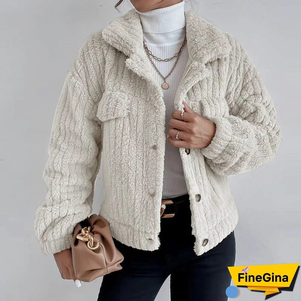 Women Elegant Fuzzy Coat Autumn Casual Long Sleeve Solid Outerwear Winter Fashion Lapel Single Breasted Loose Jackets Tops