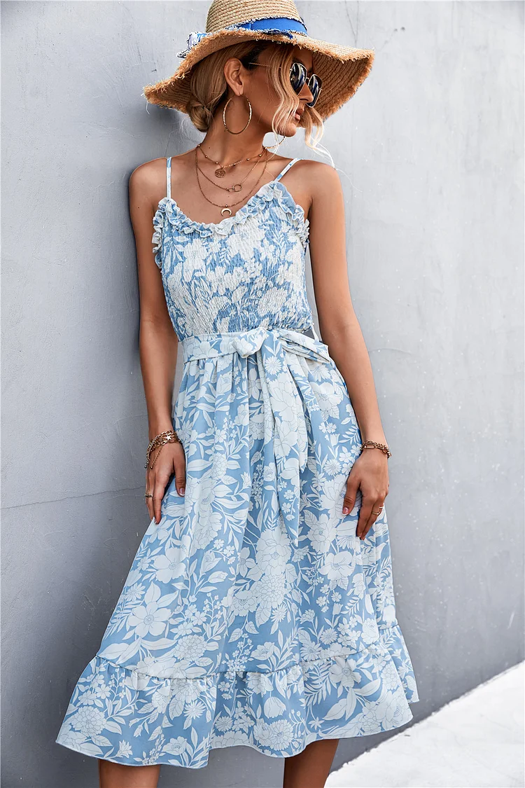Elegant Floral Print Ruffle Slip Dress For Women Summer Dress 2022 New V-Neck Tie Elastic High Waist Folds Wrap Sexy Midi Dress