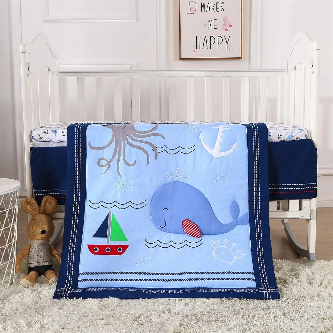 Crib Bedding Set Blue, Premium Sea Baby Nursery Bedding Set, Baby Boy Crib Set, Breathable and Soft 3 Pieces Comforter for Baby
