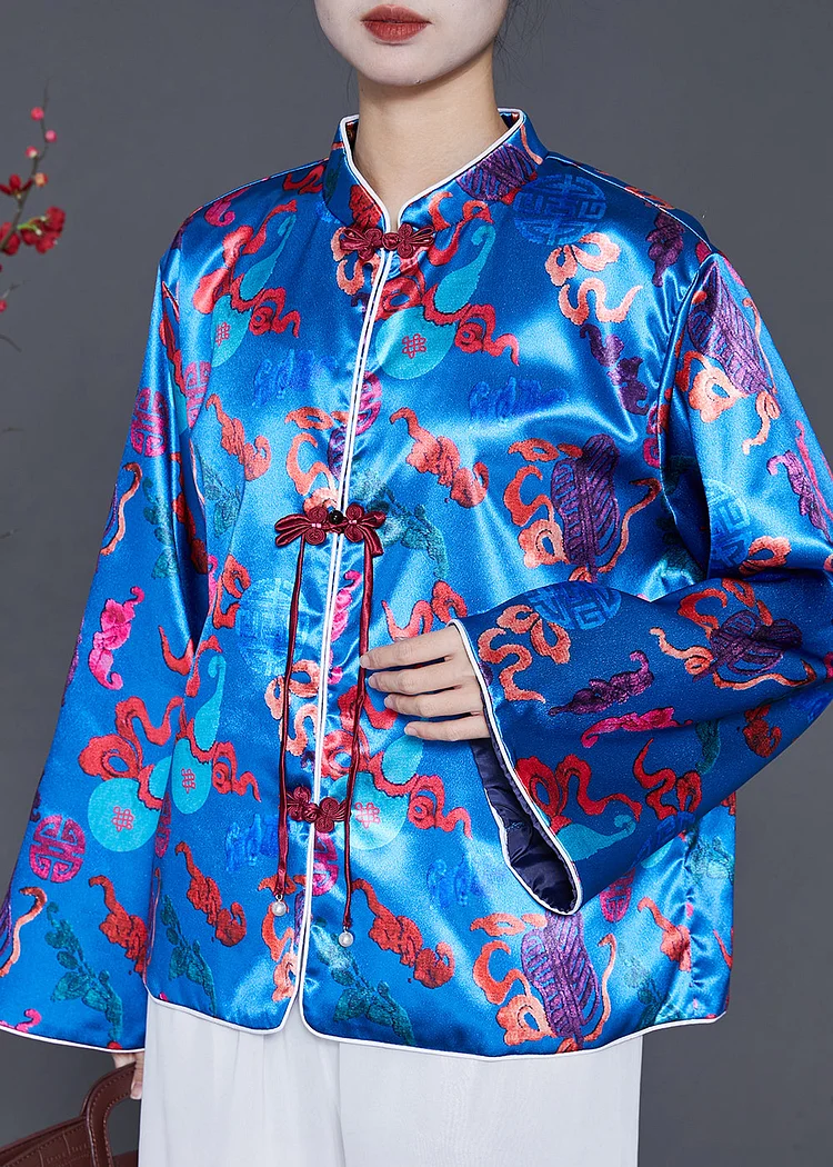 Boutique Blue Tasseled Jacquard Silk Coat Spring