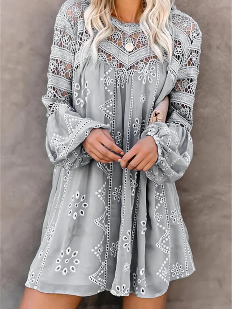 Women's Puff Sleeve Scoop Neck Lace Hollow Midi Dress