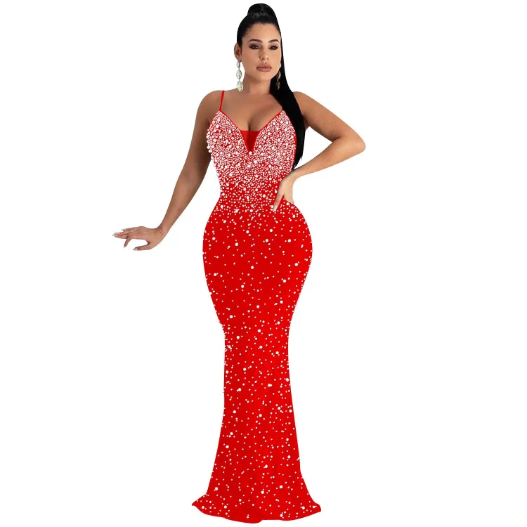Promsstyle V Neck Backless Rhinestone Maxi Slip Dress Prom Dress 2023