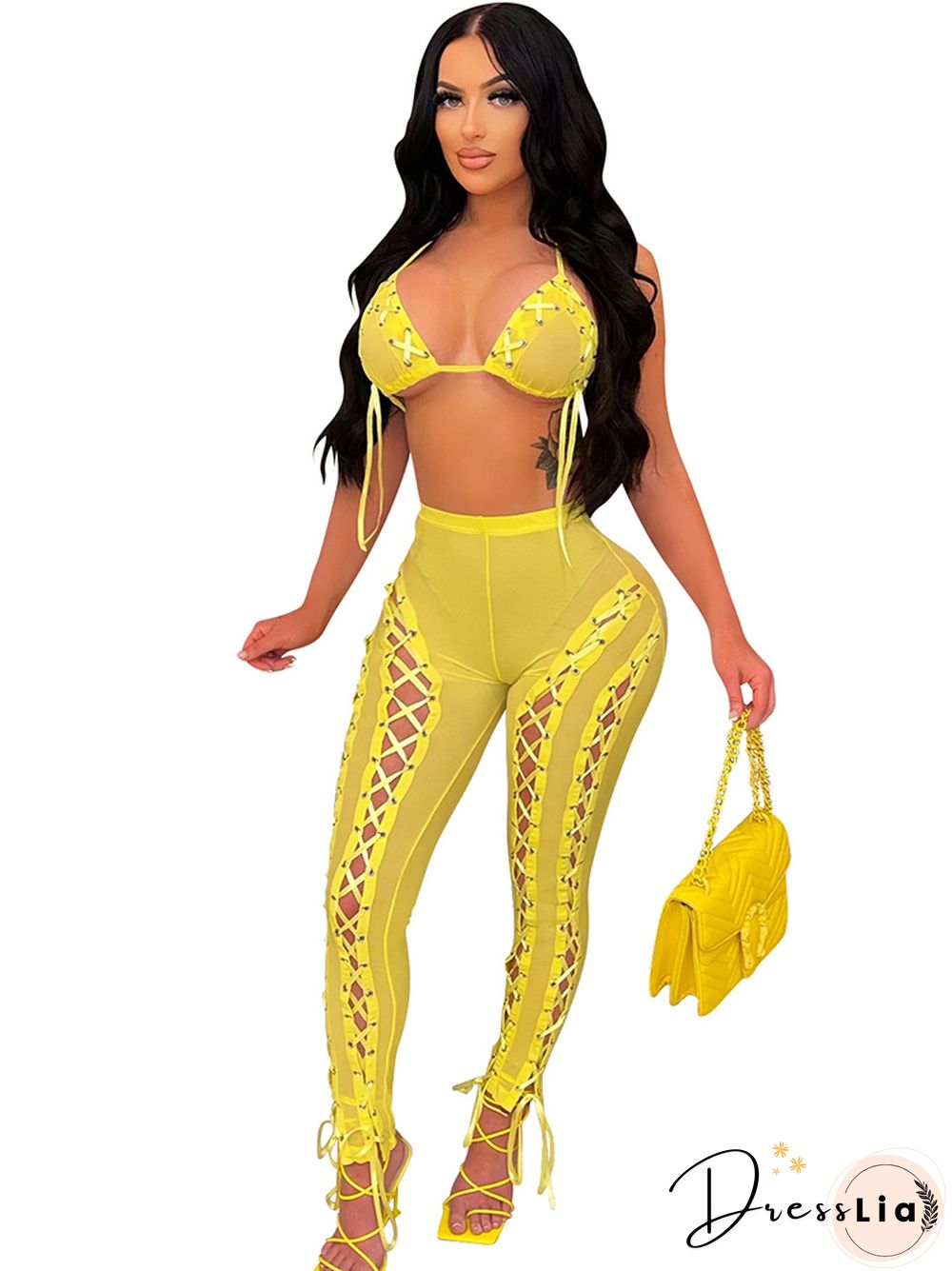 Hollow Out Bandage Mesh See Through Bikini TopsAnd Pencil Pants Two Piece Set Woman Summer Sexy Party Club Outfits