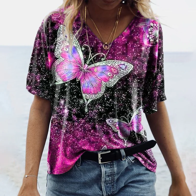 Designer butterfly V-neck short-sleeved graphic tees