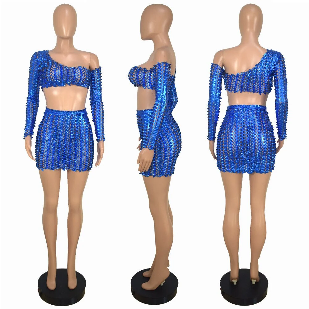 CM.YAYA Women Set Solid Full Sleeve Skew Collar Crop Tops Sheath Elastic Mini Skirts 2 Piece Sets Sexy Night  Party Dress Summer