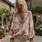 Women's Roses Print V-neck Long Sleeve Linen Blend T-shirt - Image 2