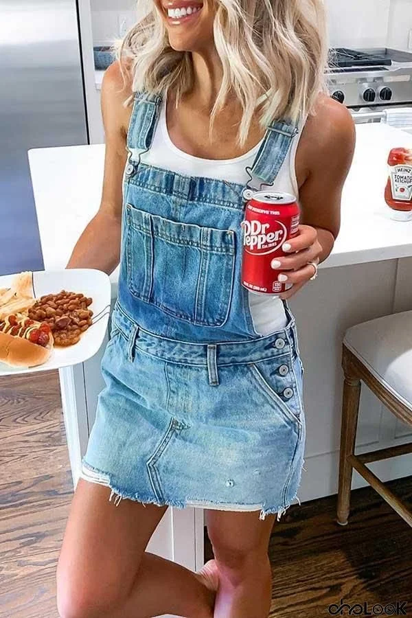 Blue Denim Casual Overall Mini Dress