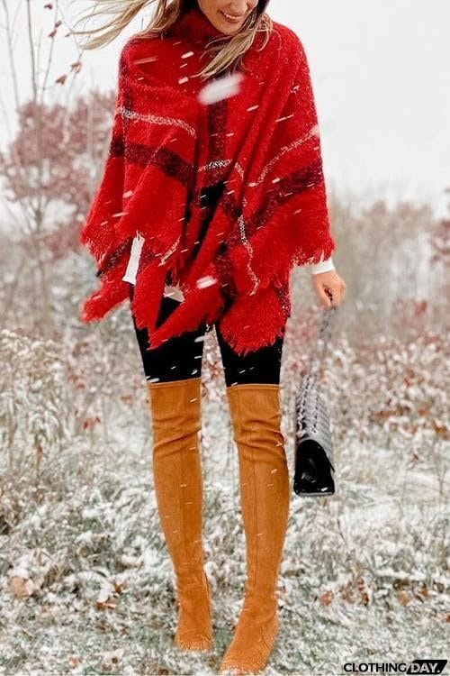 Stripe Tassel Loose High Collar Sweaters