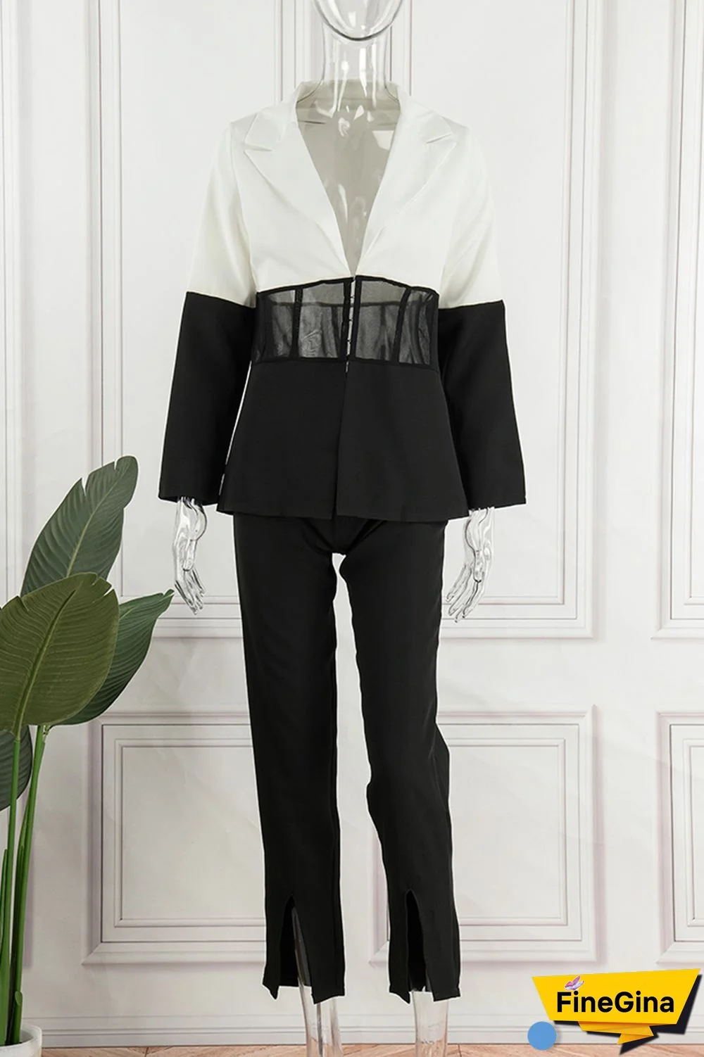 Pale Red Casual Patchwork Contrast Turndown Collar Long Sleeve Two Pieces