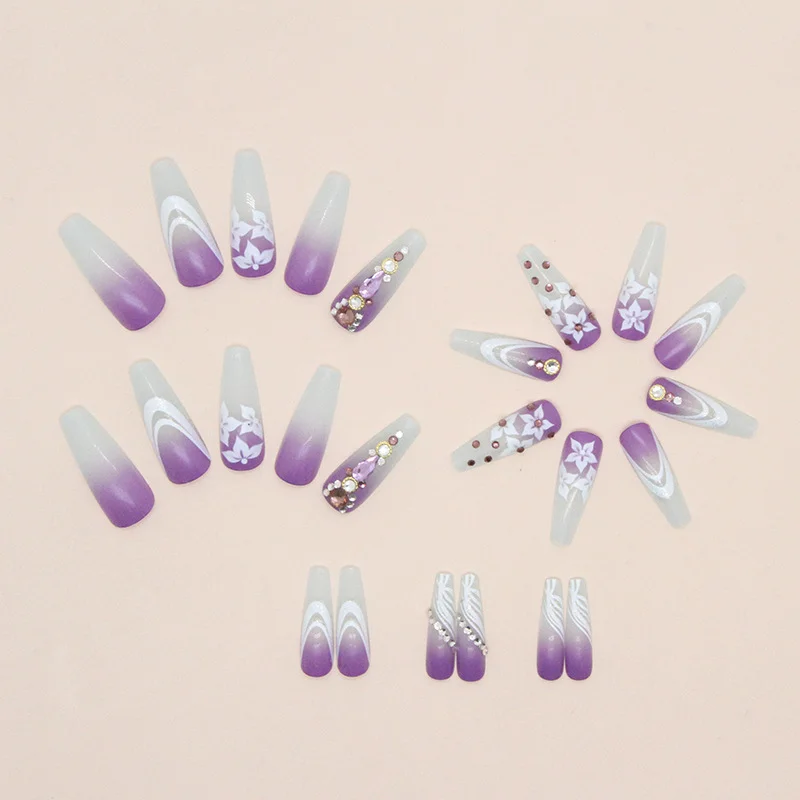 Churchf Churchf Ballet Purple Gradient Flower Flower Nail Drill Model Sun Flower Fake Nail Finished Wear A Nails