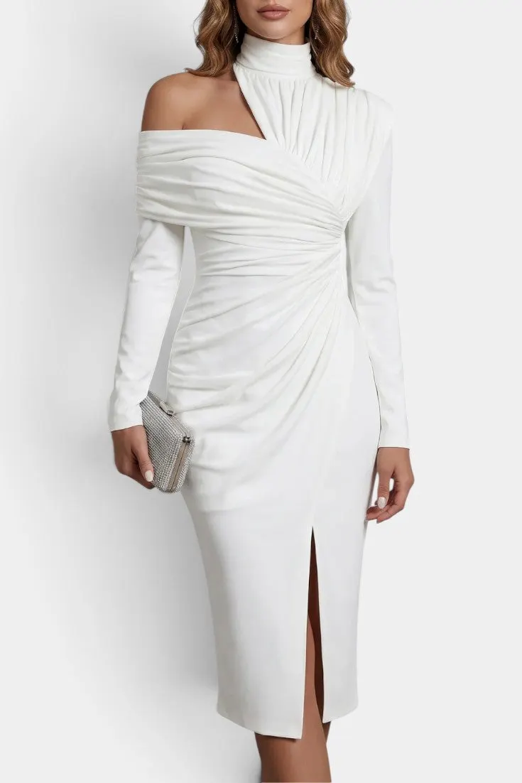 Asymmetric Draped High-Neck Midi Dress with Side Slit