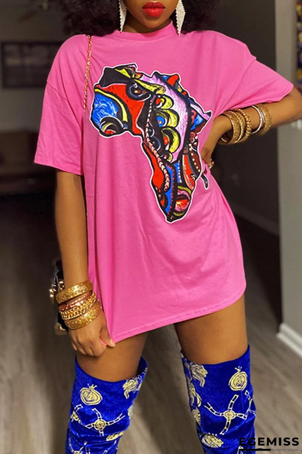 Pink Fashion Casual Print Basic O Neck T-Shirts | EGEMISS