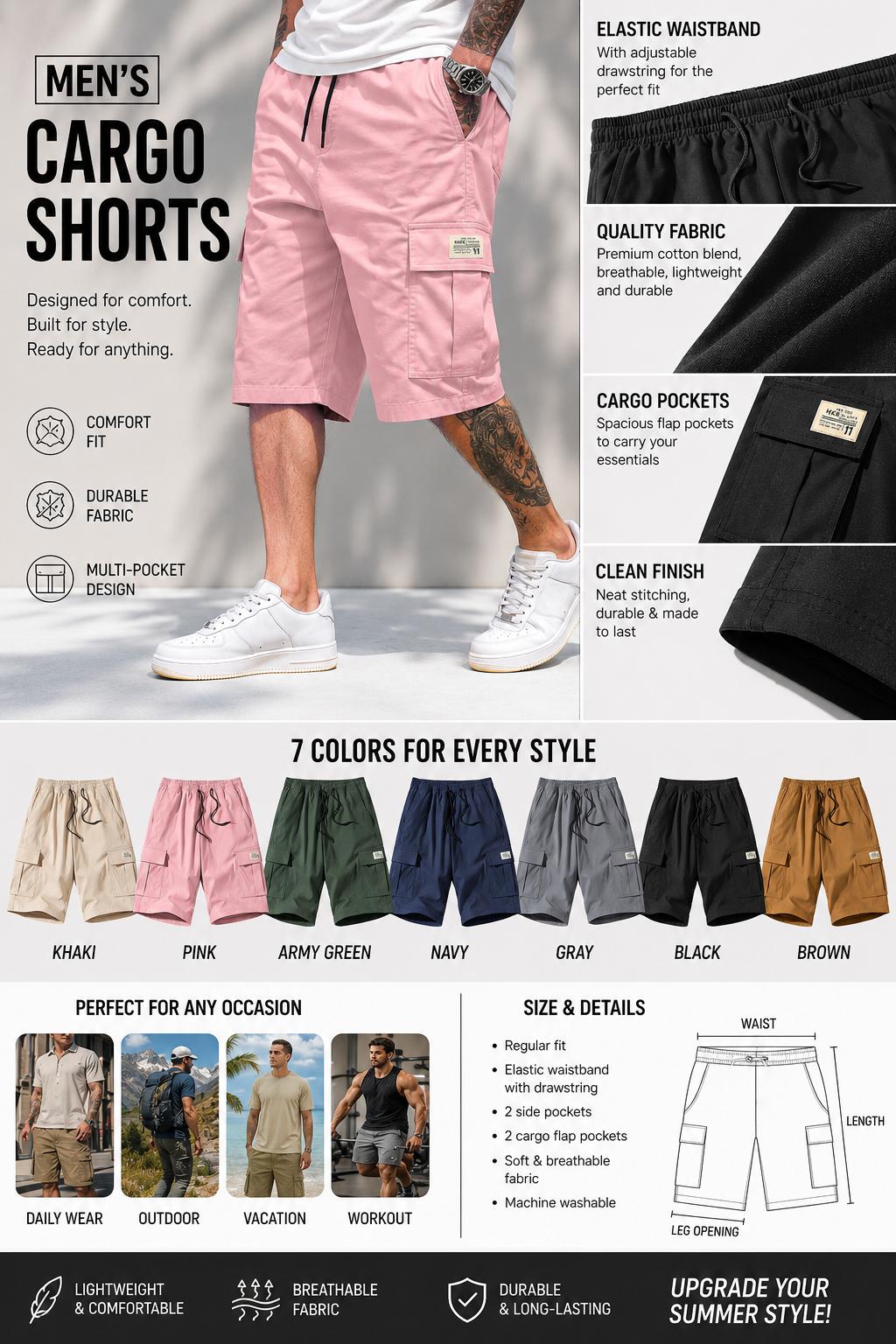 Men's Fitted Matching Shorts Set - Casual Summer Drawstring Color-Mixed Shorts, Lightweight Breathable, Slanted Multipocket, Versatile Everyday Beach Gym Wear Brown, Black, Green, Pink, Color-Mixed Men's Shorts, Fitted Men's Shorts fathersdaygift