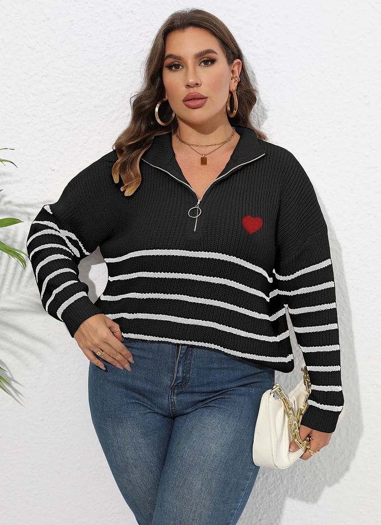 Autumn & Winter Stylish Pick! EU/US Plus Size Women's Black Stripe Spliced Half-Turtleneck Zipper Love-Jacquard Pullover Sweater👚