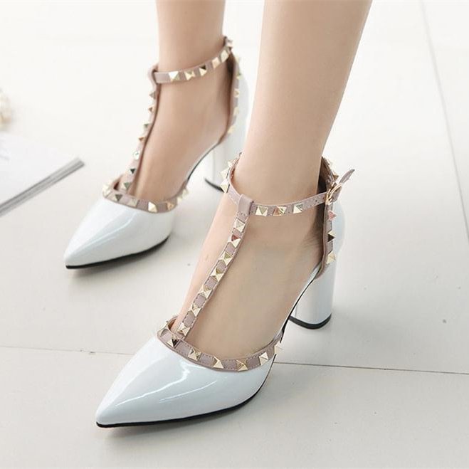 White Studs Shoes T Strap Block Heel Patent Leather Pumps |FSJ Shoes