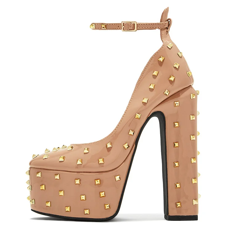 Nude Square Toe Patent High Heels Women's Platform Rivets Pumps |FSJ Shoes