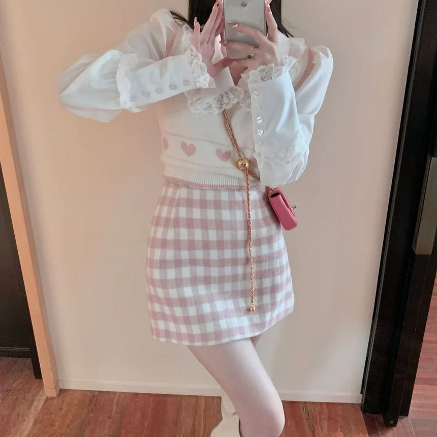 Lace Trim Shirt / Heart Print Sweater Vest / Checkered Mini Pencil Skirt YP2118