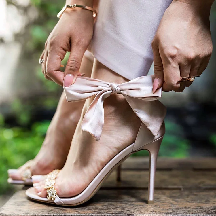 Nude Ankle Strap Heels Rhinestones Bow Sandals Elegant Party Shoes |FSJ Shoes