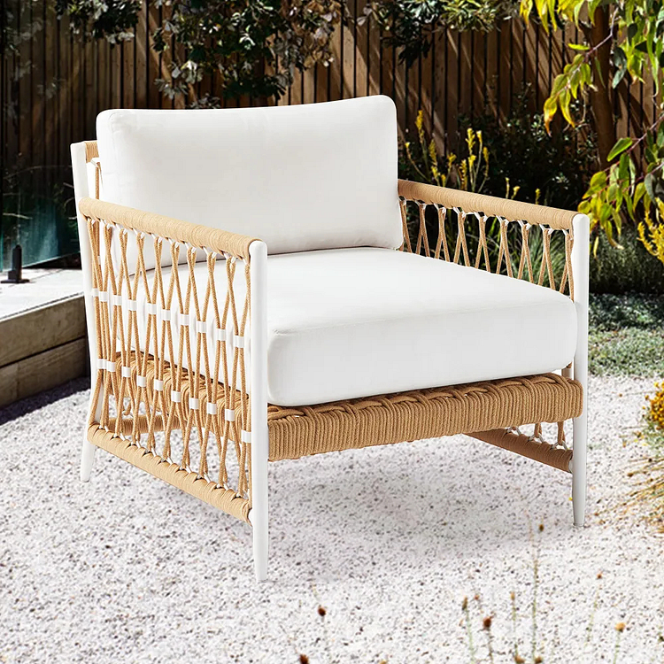 Homemys Woven Rope Outdoor Armchair Accent Chair with White Polyester Pillow Cushion