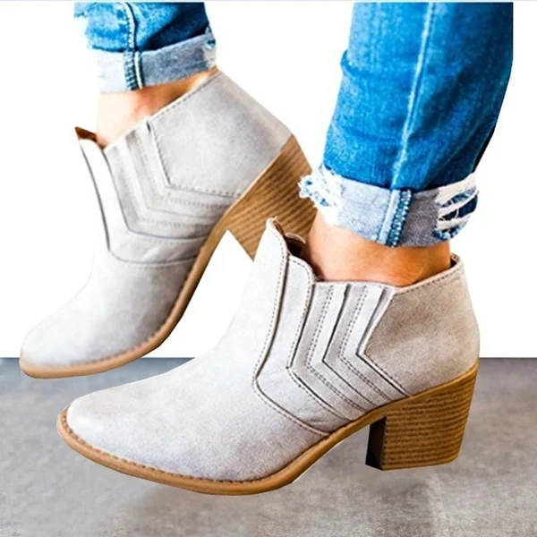 Vintage Women's Autumn and Winter Casual Leather Boots Thick Low Heel Short Boot Ankle Booties
